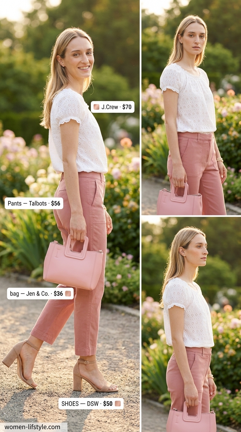 Brunch Pants Outfits for Women Summer 2026 Lightweight pant outfits for women summer 2026: Pastel pink linen pants with ivory eyelet top for brunch.