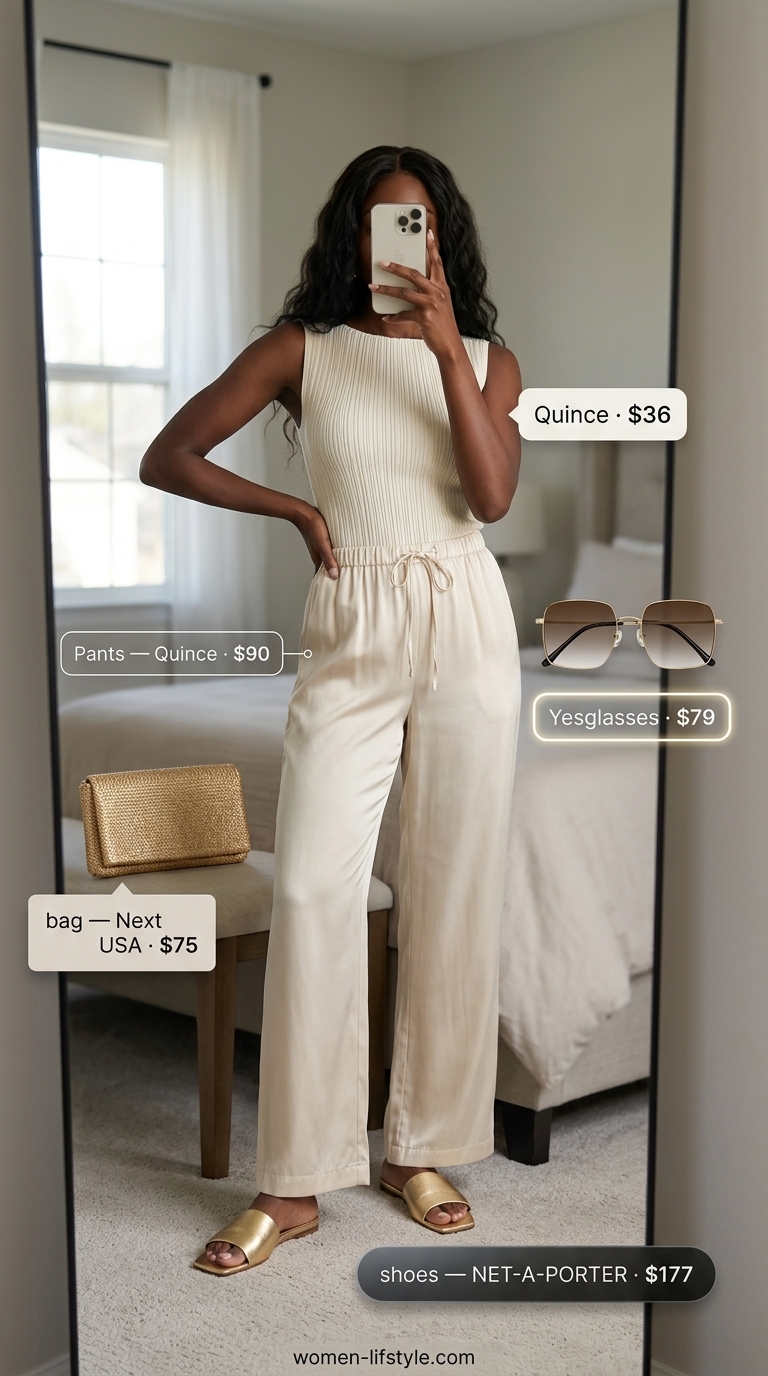 Lightweight Pant Outfits for Women Summer 2026: Resort Getaway Lightweight pant outfits for women summer 2026: Champagne silk pants, ivory knit top, metallic sandals, woven clutch.