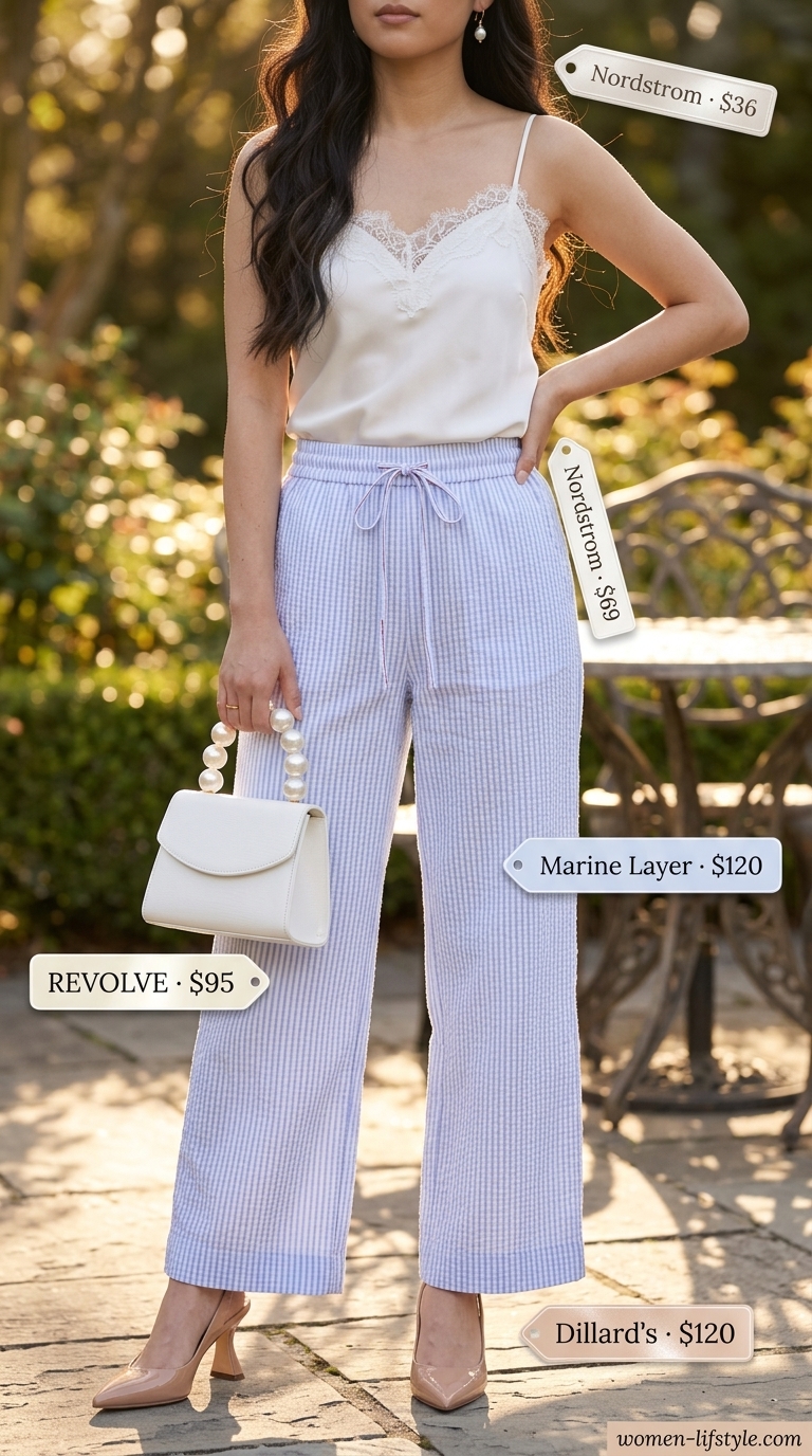 Lunch Pants Outfits for Women Summer 2026 Lightweight pant outfits for women summer 2026: Pale blue seersucker pants with white lace camisole for lunch.