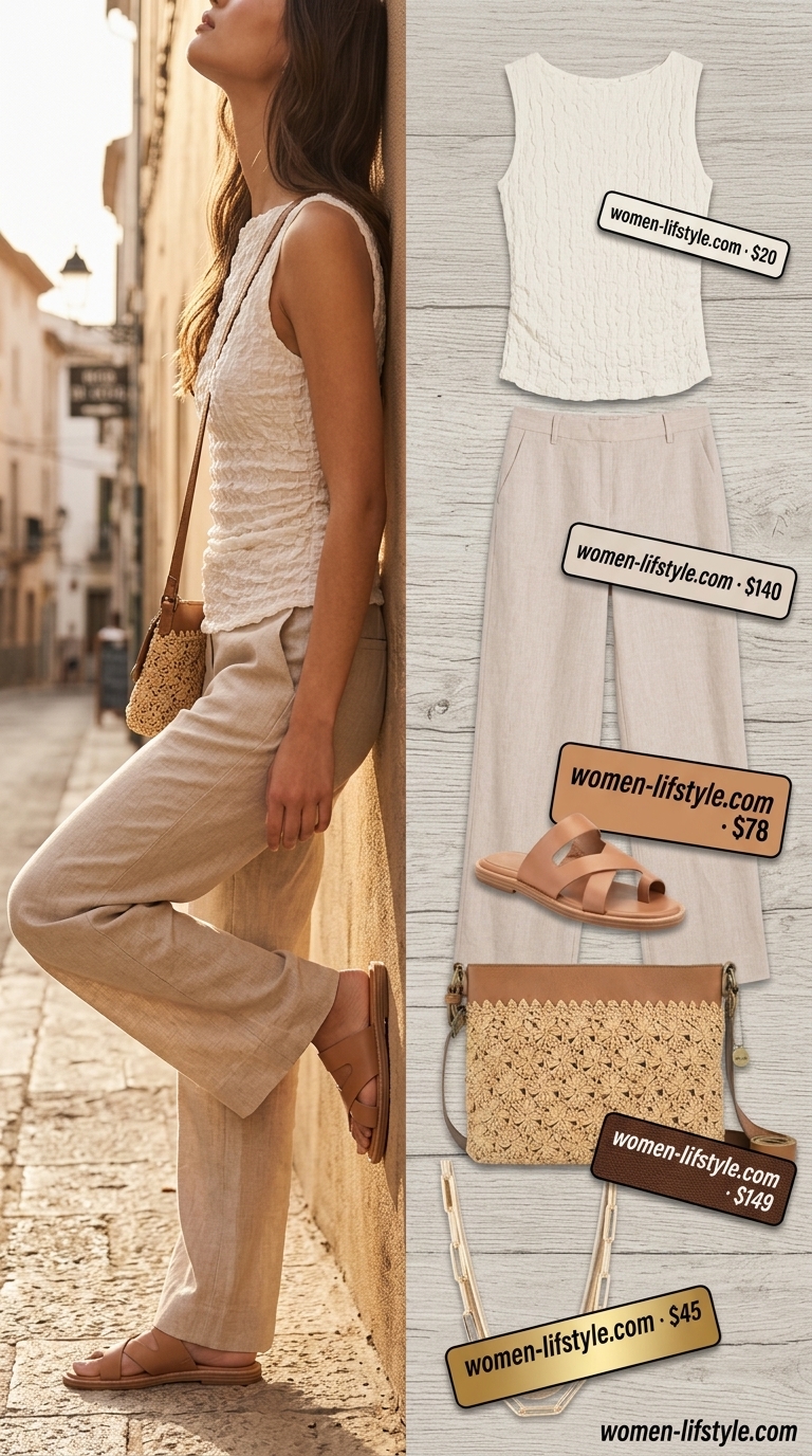 Lightweight Pant Outfits for Women Summer 2026: Coastal Breeze Lightweight pant outfits for women summer 2026: Beige linen pants, off-white knit top, straw crossbody, leather slides.