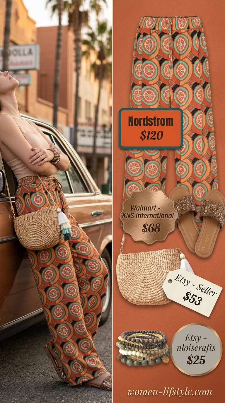 Lightweight Pant Outfits for Women Summer 2026: Bohemian Oasis Lightweight pant outfits for women summer 2026: Terracotta palazzo pants, ivory off-shoulder top, straw bag, beaded sandals.