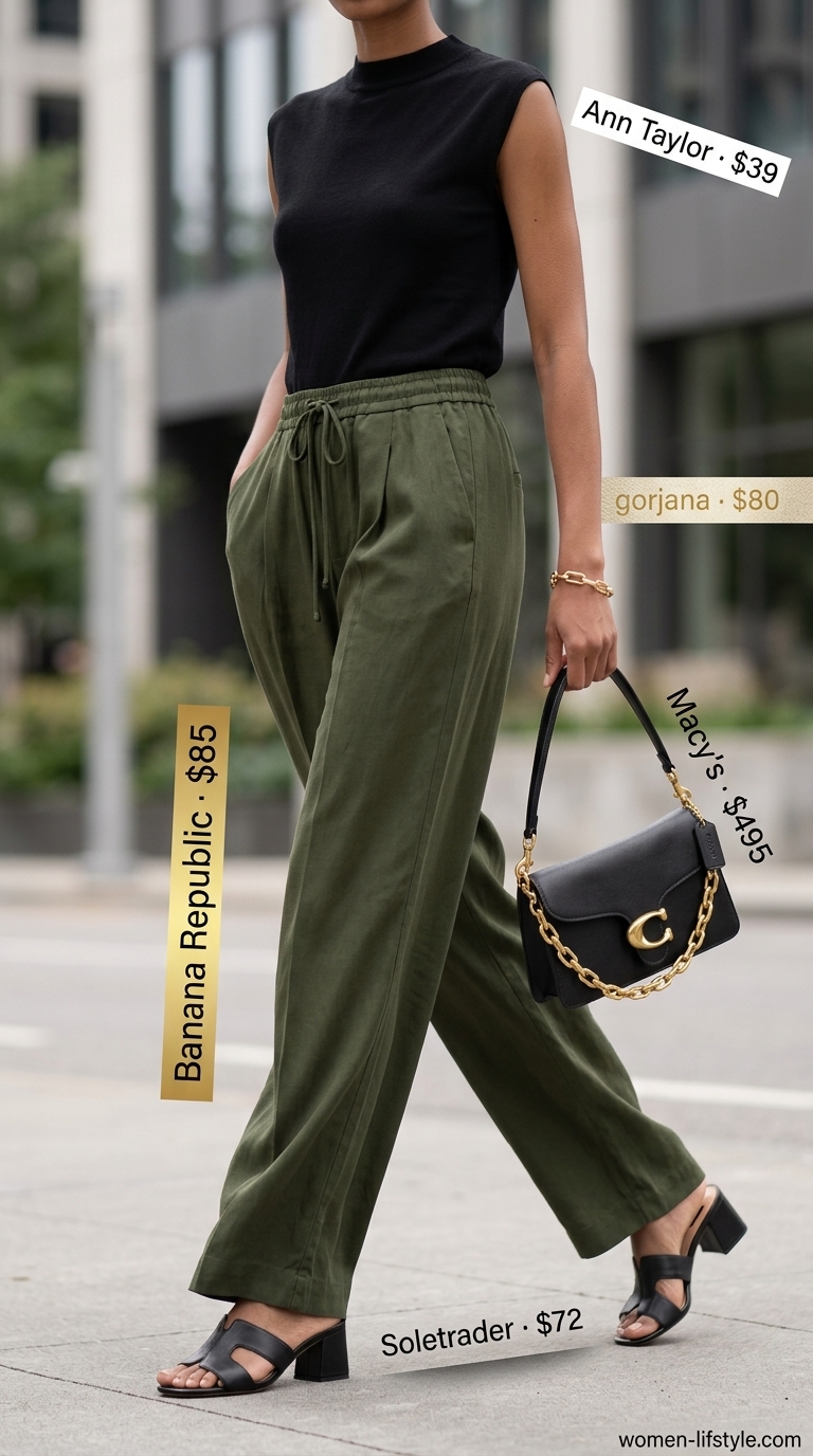 Lightweight Pant Outfits for Women Summer 2026: Urban Safari Lightweight pant outfits for women summer 2026: Olive Tencel pants, black turtleneck, block heel mules, shoulder bag.