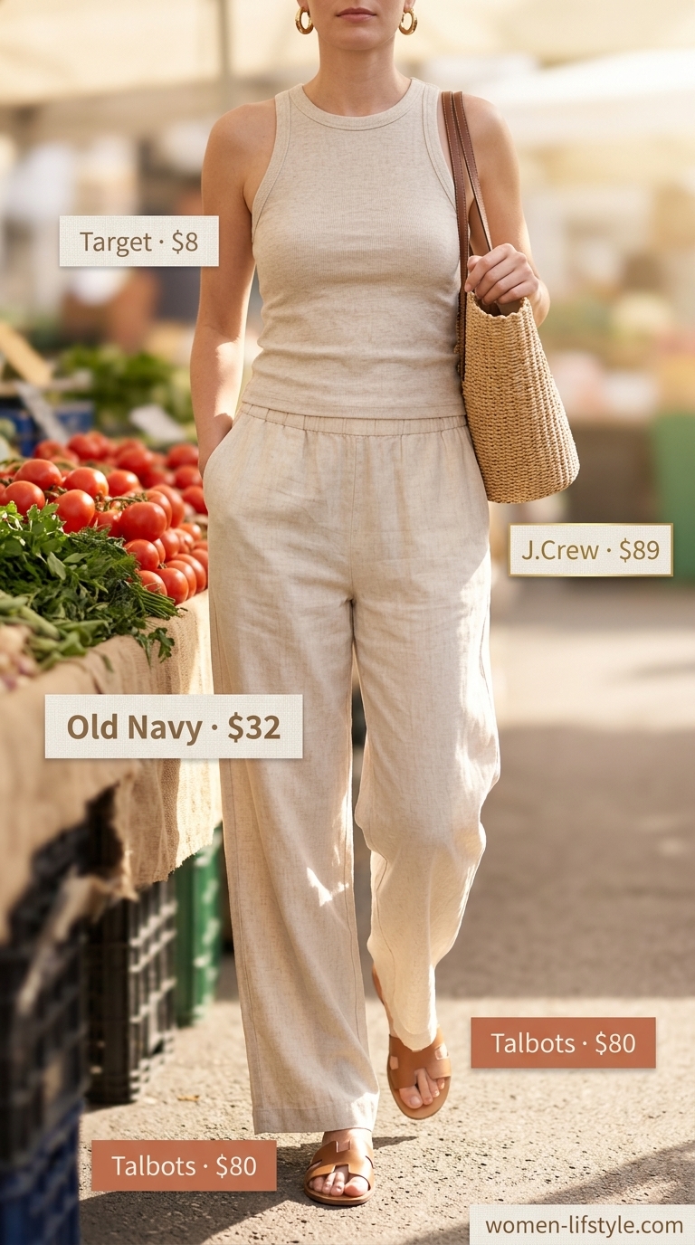 Casual Pants Outfits for Women Summer 2026 Lightweight pant outfits for women summer 2026: Oatmeal linen pants with white ribbed tank for casual day.