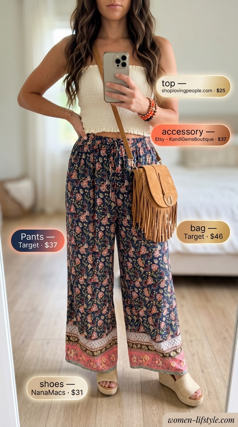 Boho Festival Outfits 2026 Boho festival outfit: Navy floral palazzo pants, cream smocked top, espadrille wedges. Lightweight pant outfits for women summer 2026.