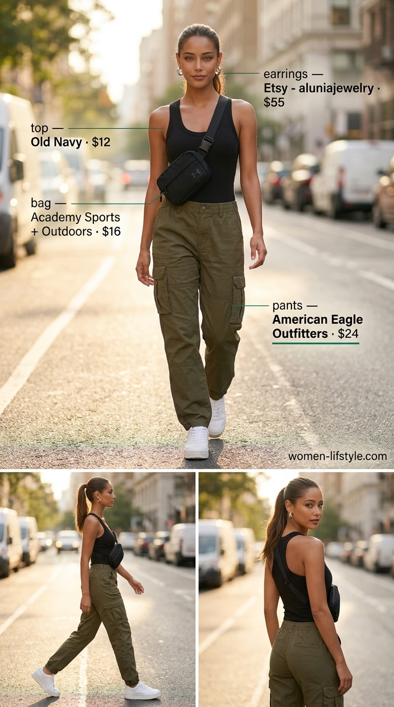 Adventure Pants Outfits for Women Summer 2026 Lightweight pant outfits for women summer 2026: Khaki cargo pants with black tank and white sneakers for adventure.