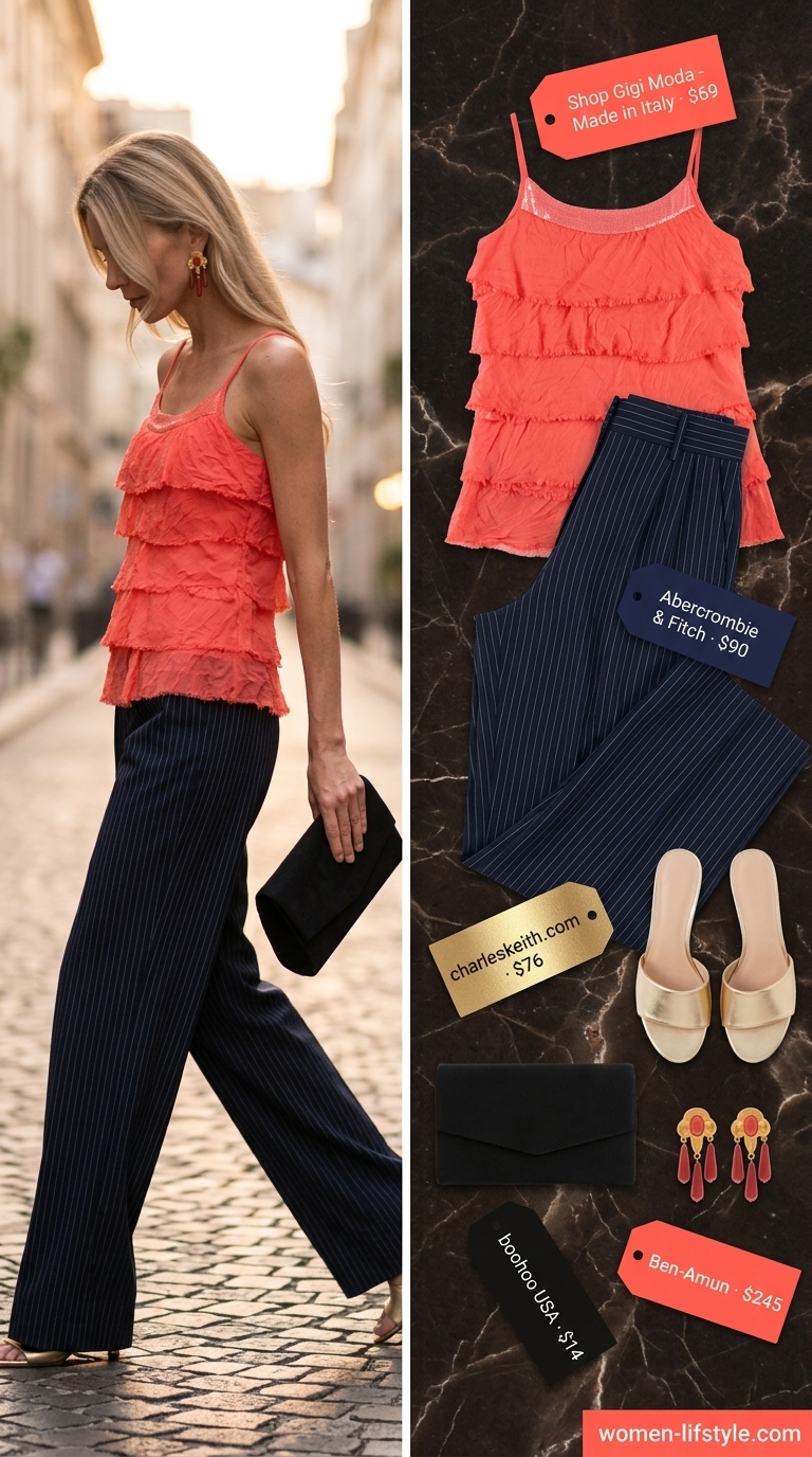 Lightweight Pant Outfits for Women Summer 2026: Sunset Dinner Lightweight pant outfits for women summer 2026: Navy wide-leg trousers, coral camisole, gold mules, statement earrings.