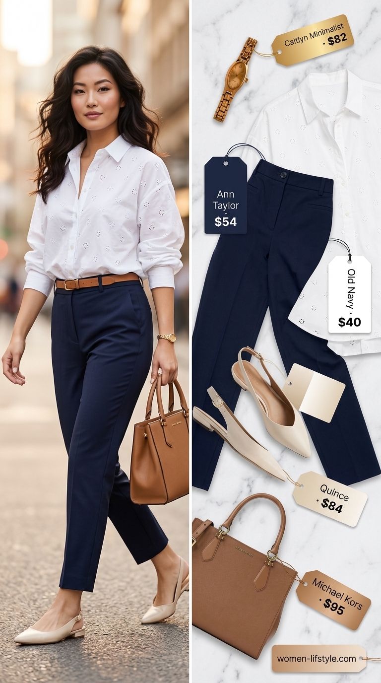 Work Pants Outfits for Women Summer 2026 Lightweight pant outfits for women summer 2026: Navy cropped trousers with white button-down for office.