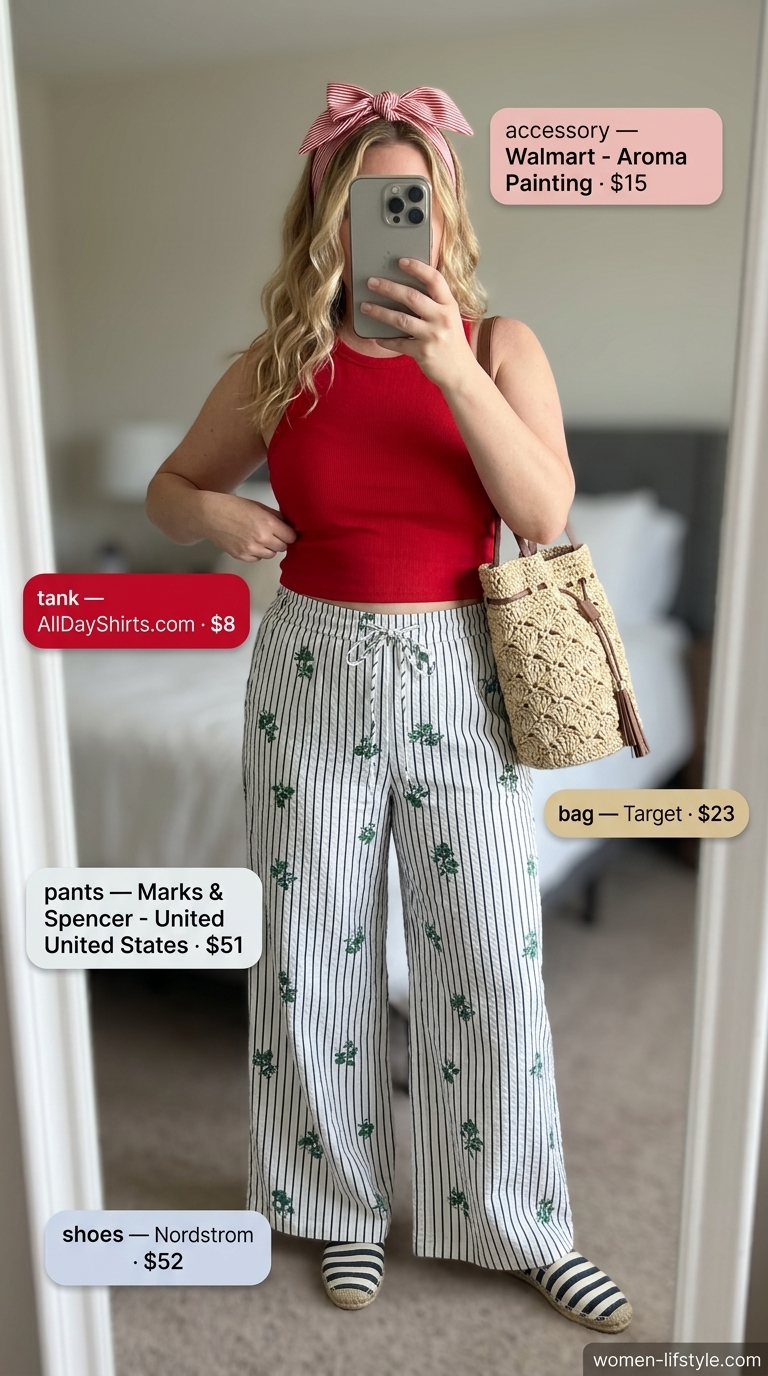 Preppy Summer Outfits 2026 Preppy summer picnic outfit: Navy stripe seersucker pants, red tank, espadrille flats. Lightweight pant outfits for women summer 2026.