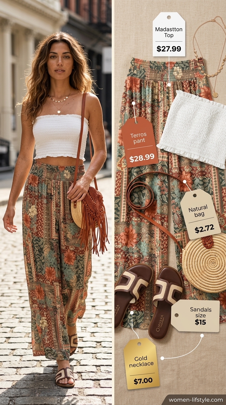 Festival Outfits 2026 Desert oasis outfit: Terracotta abstract print pants, cream bandeau top, jute sandals. Lightweight pant outfits for women summer 2026.
