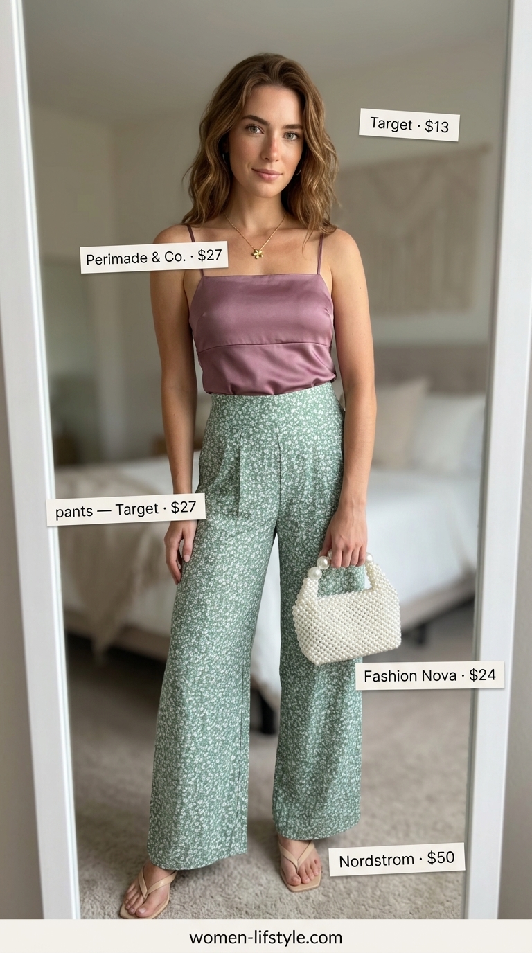 Garden Party Pants Outfits for Women Summer 2026 Lightweight pant outfits for women summer 2026: Mint green floral palazzo pants with blush pink camisole for a garden party.
