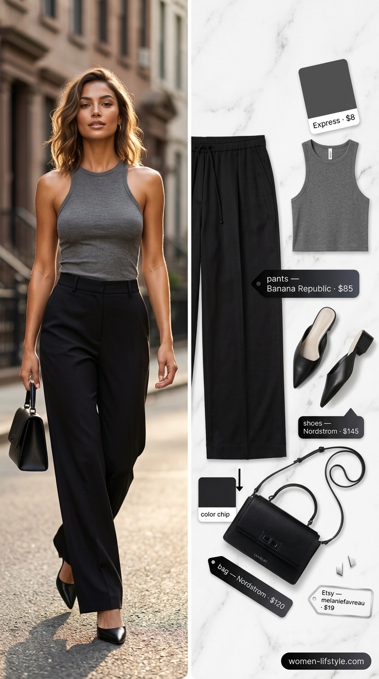 Lightweight Pant Outfits for Women Summer 2026: Urban Edge Lightweight pant outfits for women summer 2026: Black Tencel pants, charcoal mock neck top, mule heels, mini shoulder bag.