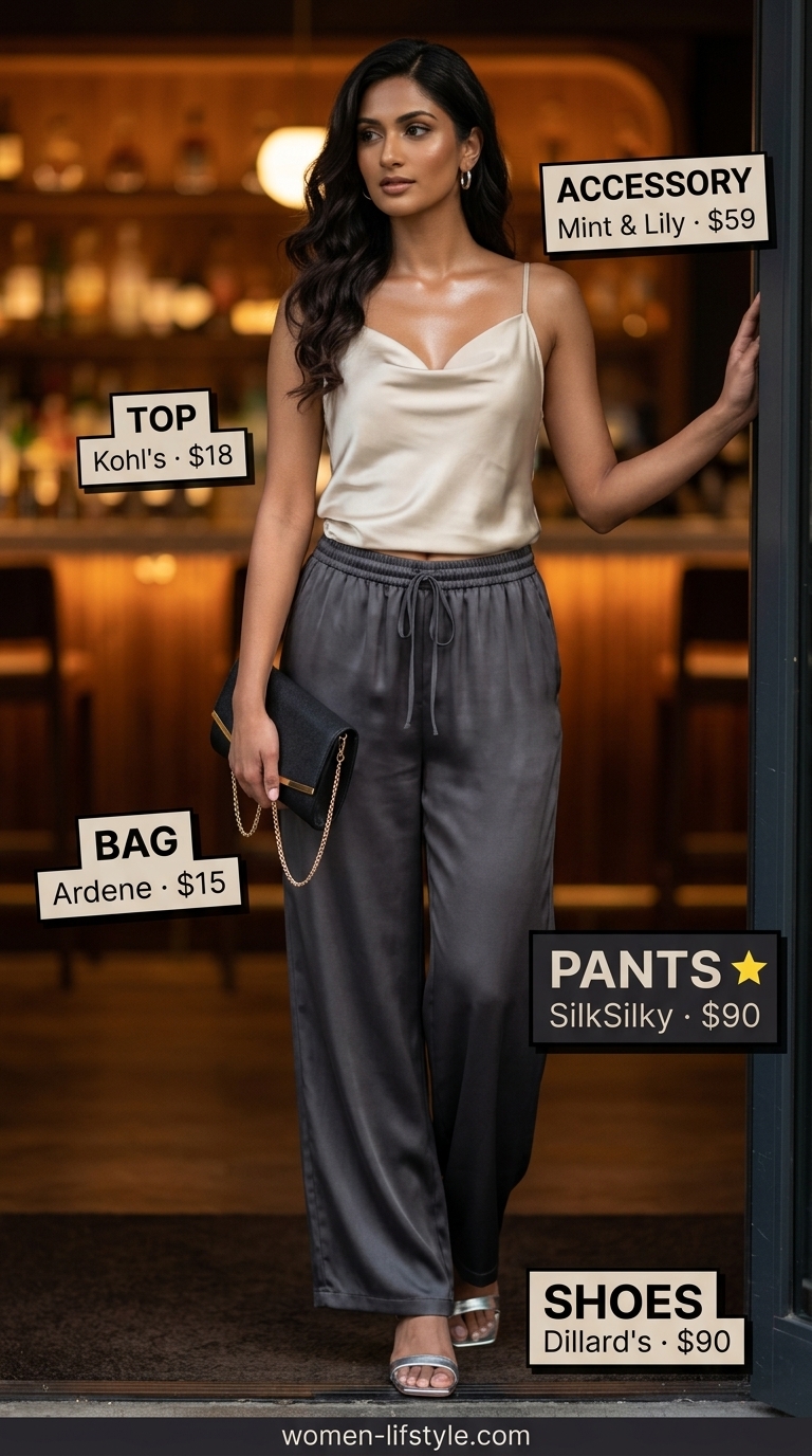 Lightweight Pant Outfits for Women Summer 2026: Evening Glow Lightweight pant outfits for women summer 2026: Charcoal silk pants, champagne satin cami, heeled sandals, envelope clutch.