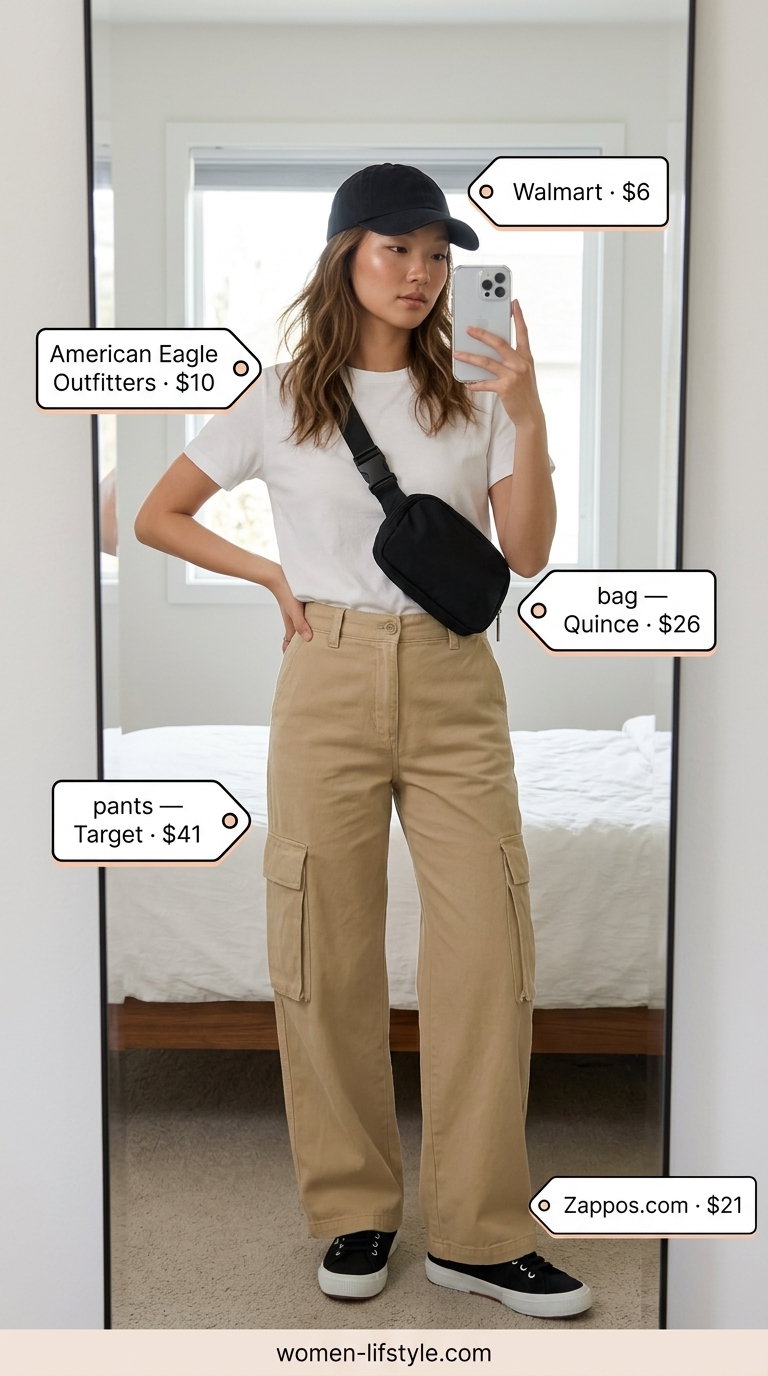 Casual Outfits 2026 Casual errands outfit: Khaki utility pants, white tee, sneakers, belt bag. Lightweight pant outfits for women summer 2026.