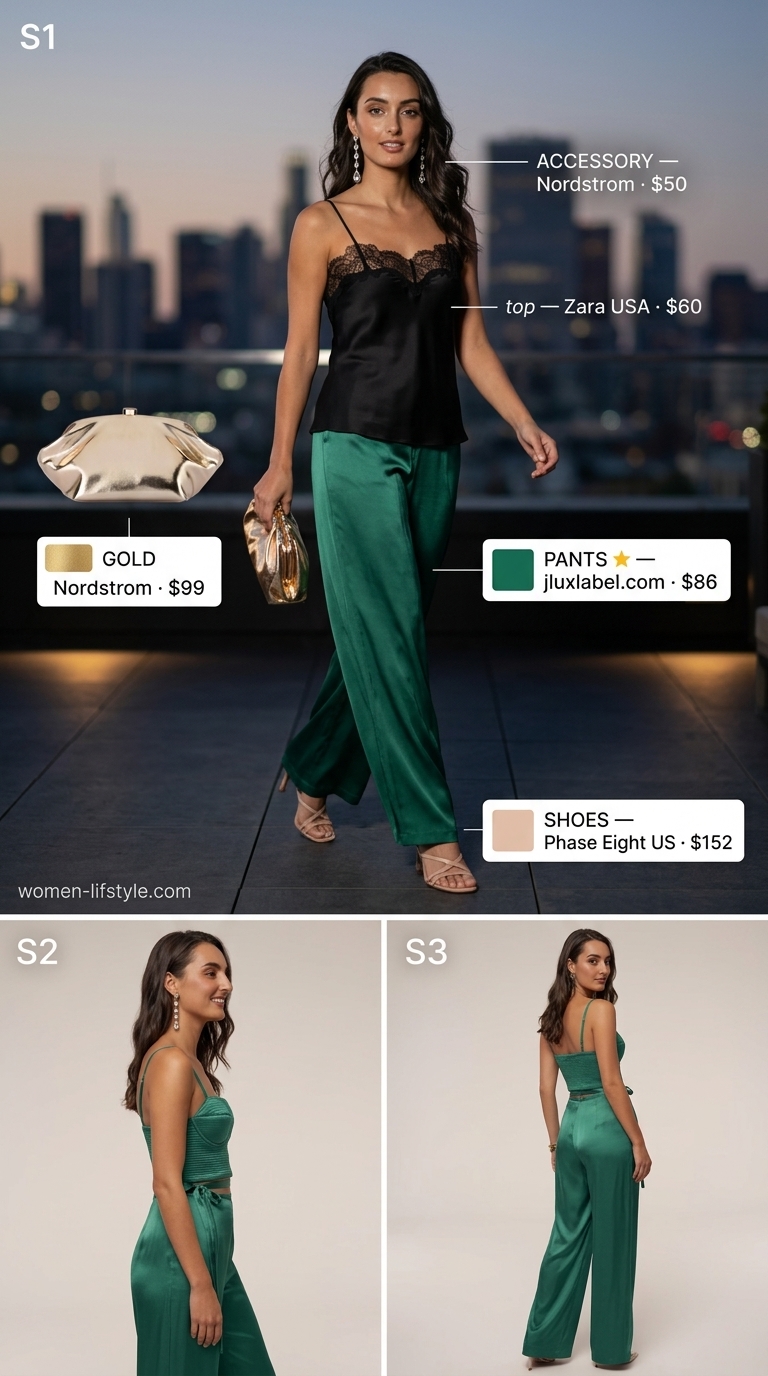 Summer Evening Pants Outfits for Women 2026 Lightweight pant outfits for women summer 2026: Emerald green satin wide-leg pants with black lace camisole for evening.