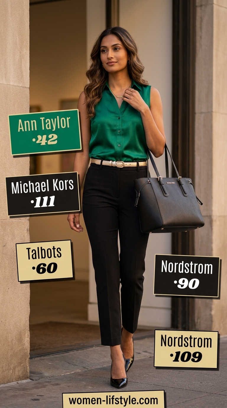 Office Pants Outfits for Women Summer 2026 Lightweight pant outfits for women summer 2026: Emerald green silk blouse with black linen cigarette pants for office.