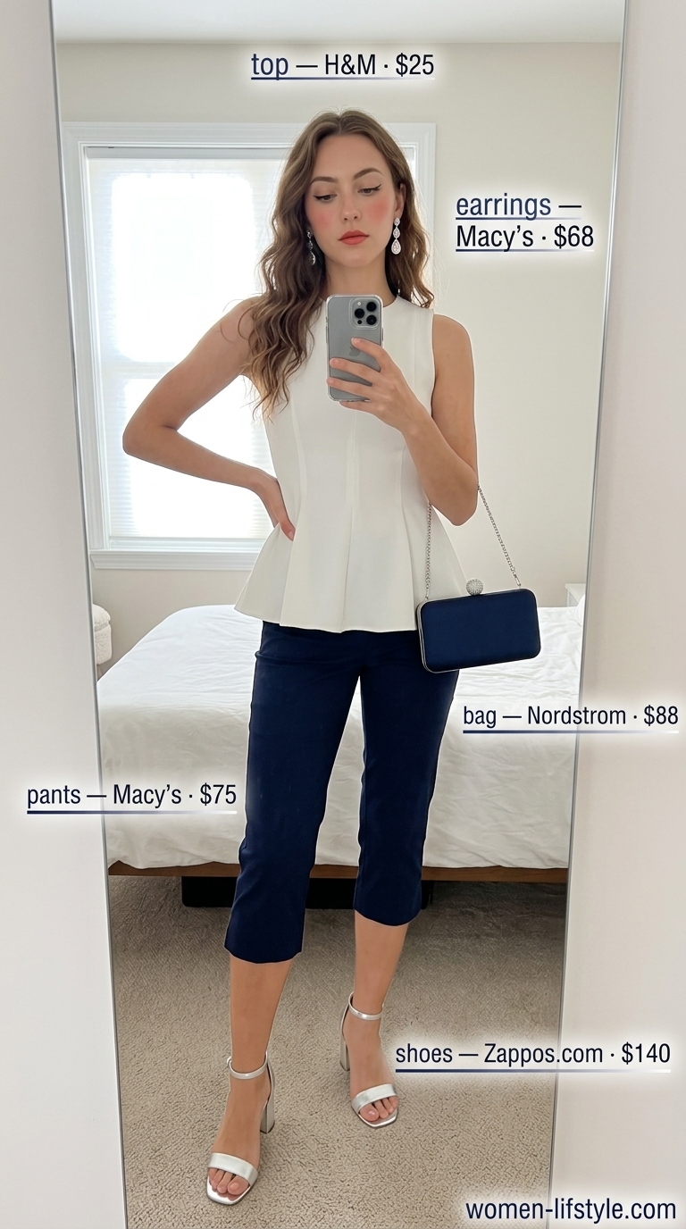 Evening Outfits 2026 Sophisticated evening outfit: Navy capri pants, white peplum top, silver sandals. Lightweight pant outfits for women summer 2026.