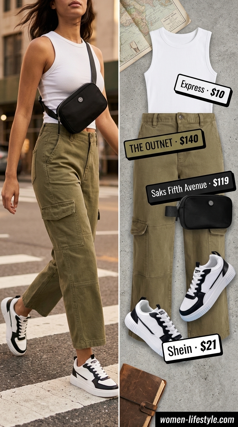 Lightweight Pant Outfits for Women Summer 2026: Urban Explorer Lightweight pant outfits for women summer 2026: Olive utility pants, white tank, black belt bag, platform sneakers.