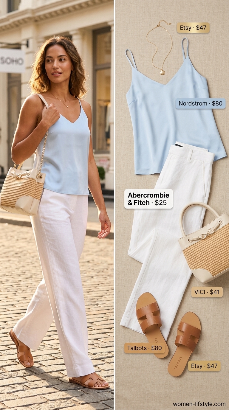 Beach Pants Outfits for Women Summer 2026 Lightweight pant outfits for women summer 2026: White linen pants with sky blue camisole for beach vacation.
