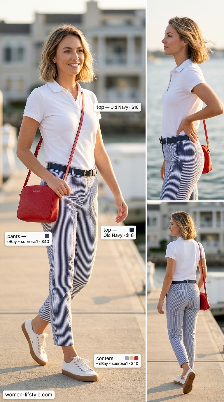 Weekend Outfits 2026 Weekend regatta outfit: White polo, navy seersucker pants, leather belt, sneakers. Lightweight pant outfits for women summer 2026.
