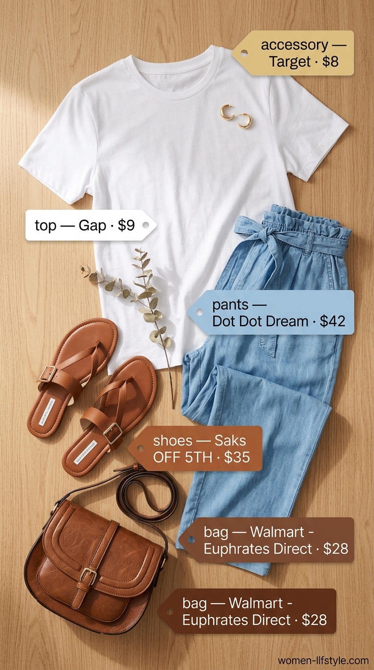 Weekend Style Outfits 2026 Casual chic weekend outfit: Light wash chambray pants, white tee, leather slides. Lightweight pant outfits for women summer 2026.