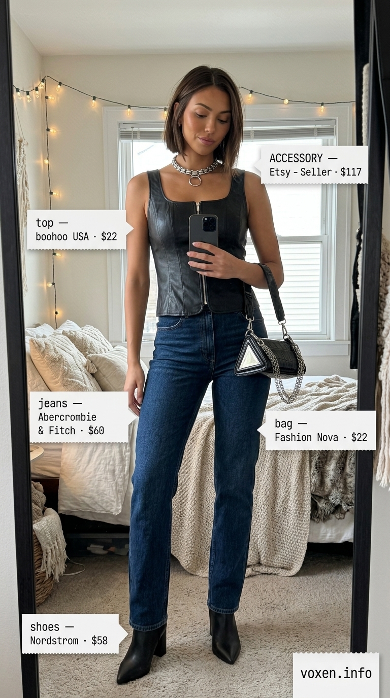 Dark wash denim jeans with black corset top for edgy summer night going out outfits for women 2026. Concert or casual bar look.