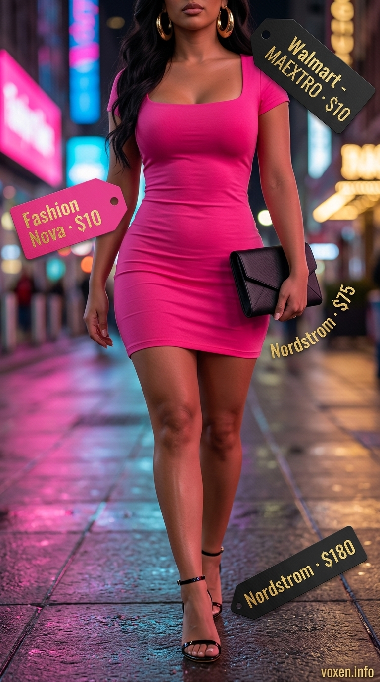Bold hot pink bodycon dress with black sandals and gold hoops for club night summer night going out outfits for women 2026.