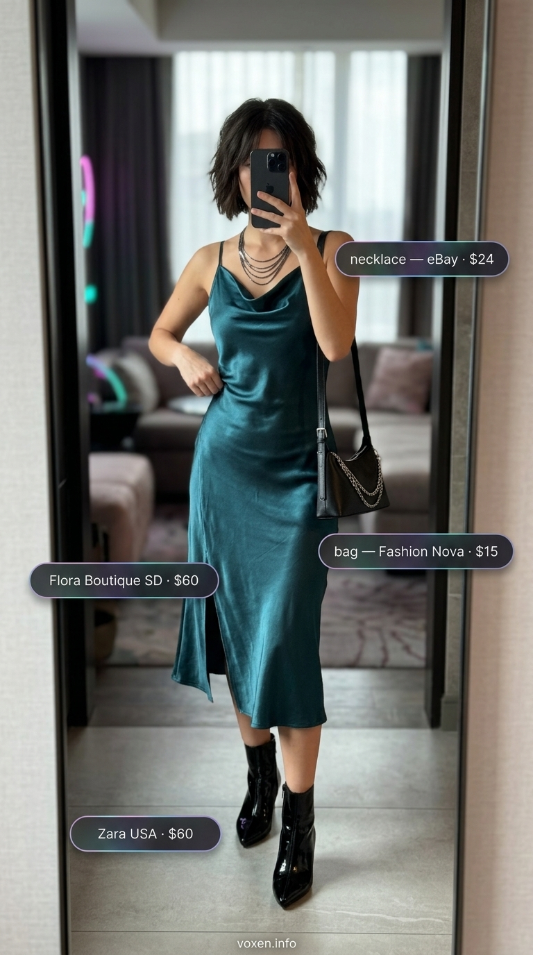 Teal satin slip dress for alluring summer night going out 2026. Features ankle boots and gunmetal accessories.