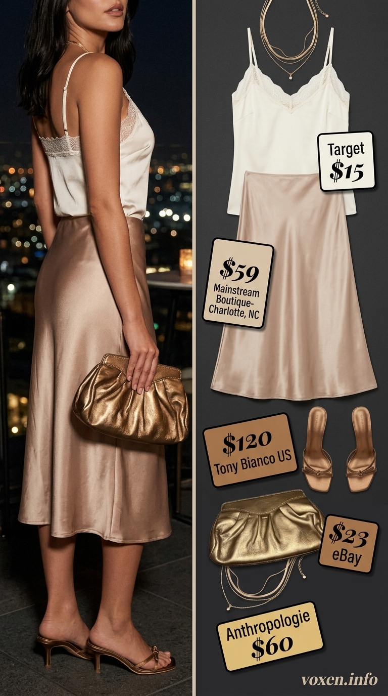 Champagne satin midi skirt outfit for elegant summer night going out 2026. Includes camisole and heeled mules.