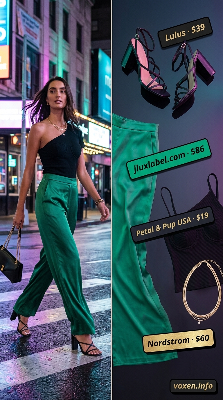 Emerald green satin trousers for sophisticated summer night going out 2026. Paired with one-shoulder top and heels.