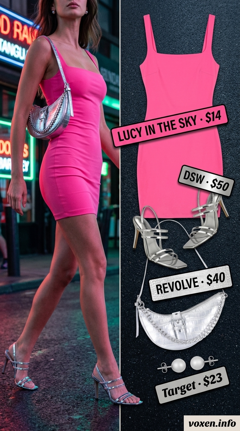 Hot pink bodycon dress for bold summer night going out outfits for women 2026. Clubbing or birthday party look.