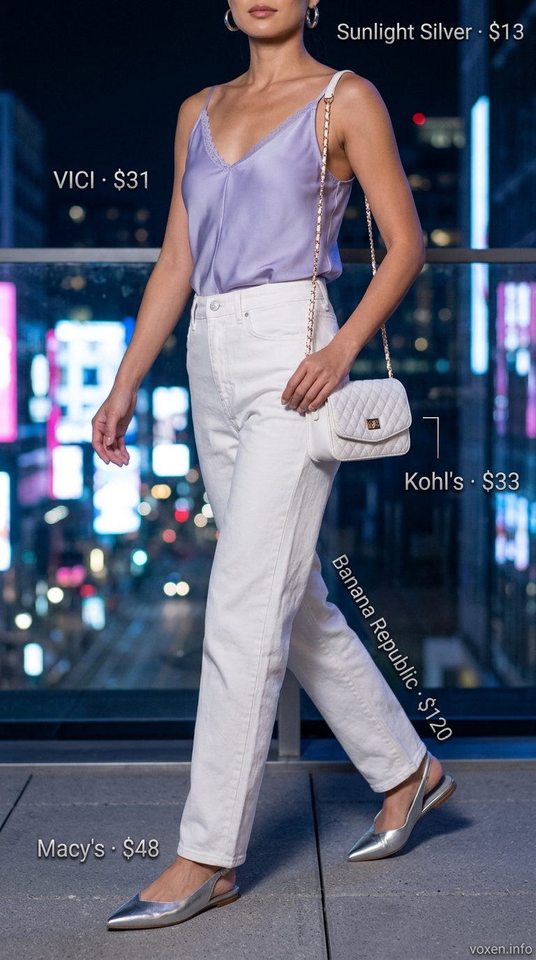 Fresh lavender satin cami with white jeans and silver flats for bistro date summer night going out outfits for women 2026.