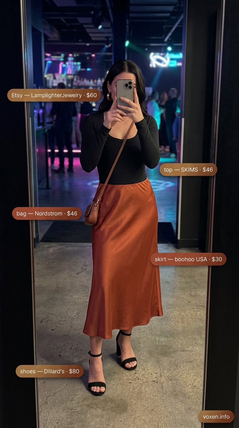 Rust orange satin midi skirt for retro summer night going out outfits for women 2026. Date night or live music look.