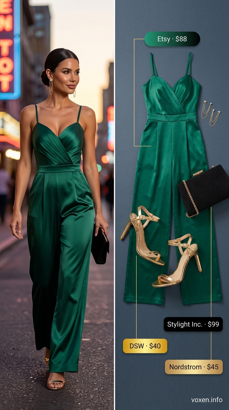 Emerald green jumpsuit for sophisticated summer night going out 2026. Includes gold accessories and strappy sandals.
