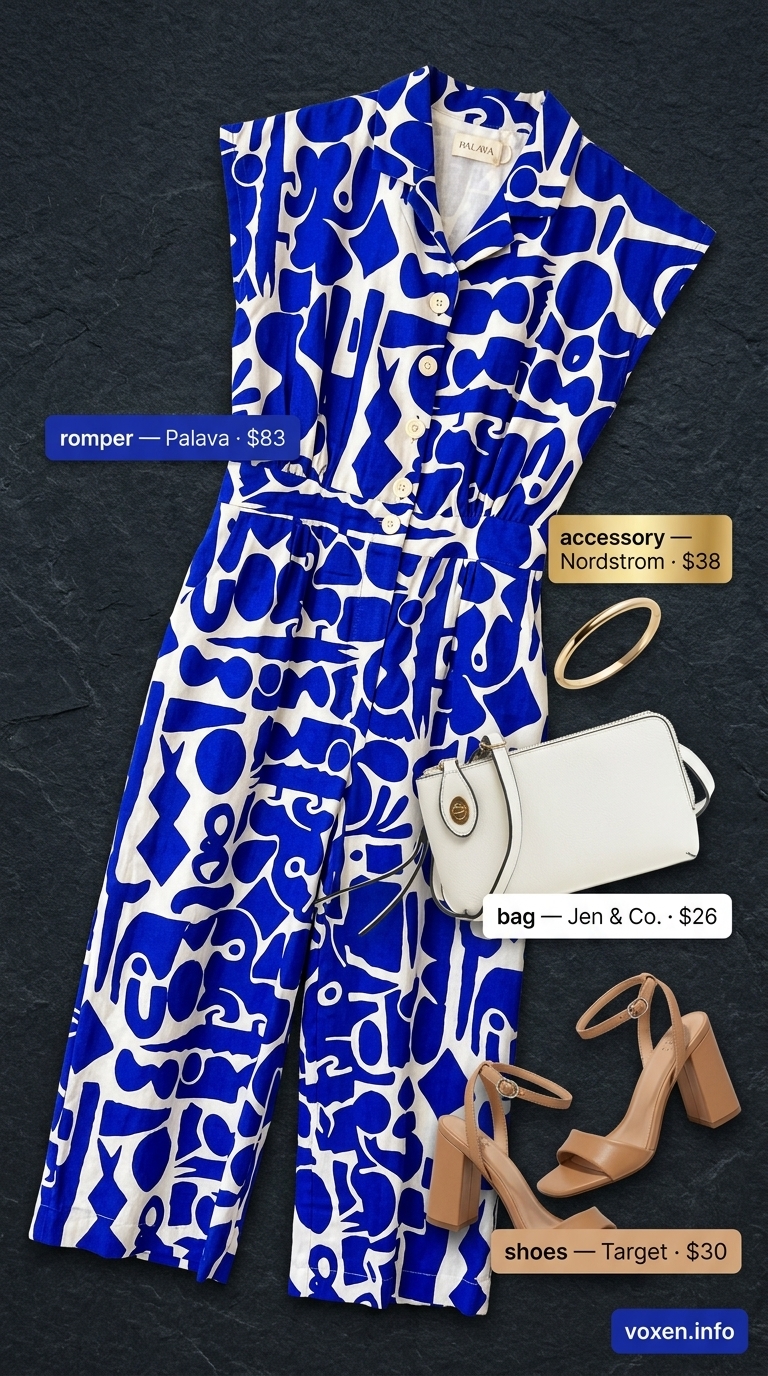 Blue & white print romper for playful summer night going out outfits for women 2026. Patio drinks or girls' night out look.