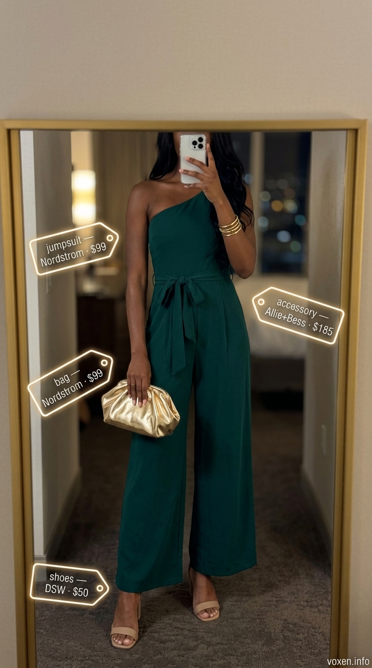 Glamorous emerald green jumpsuit with gold accessories and nude heels for elevated dinner summer night going out outfits for women 2026.