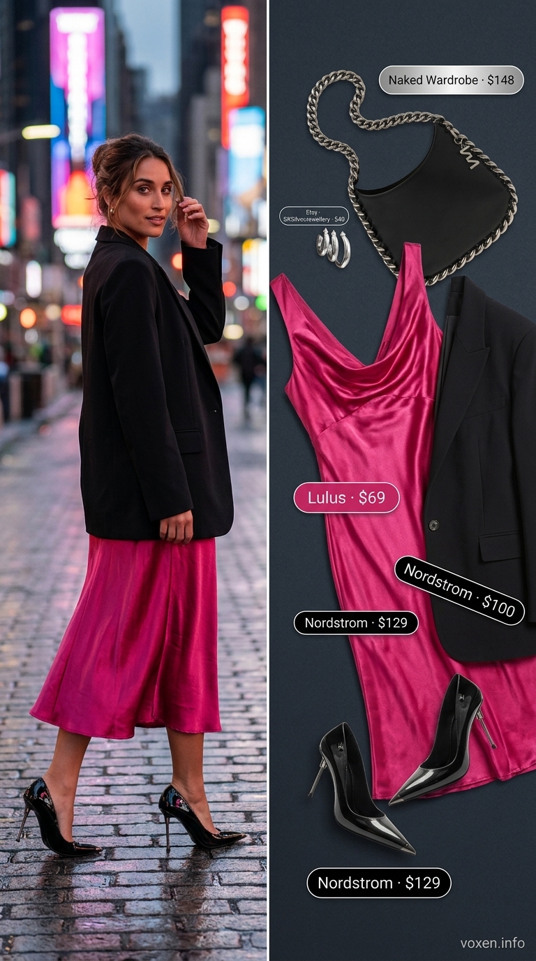Edgy fuchsia slip dress with oversized blazer and silver hoops for date night summer night going out outfits for women 2026.