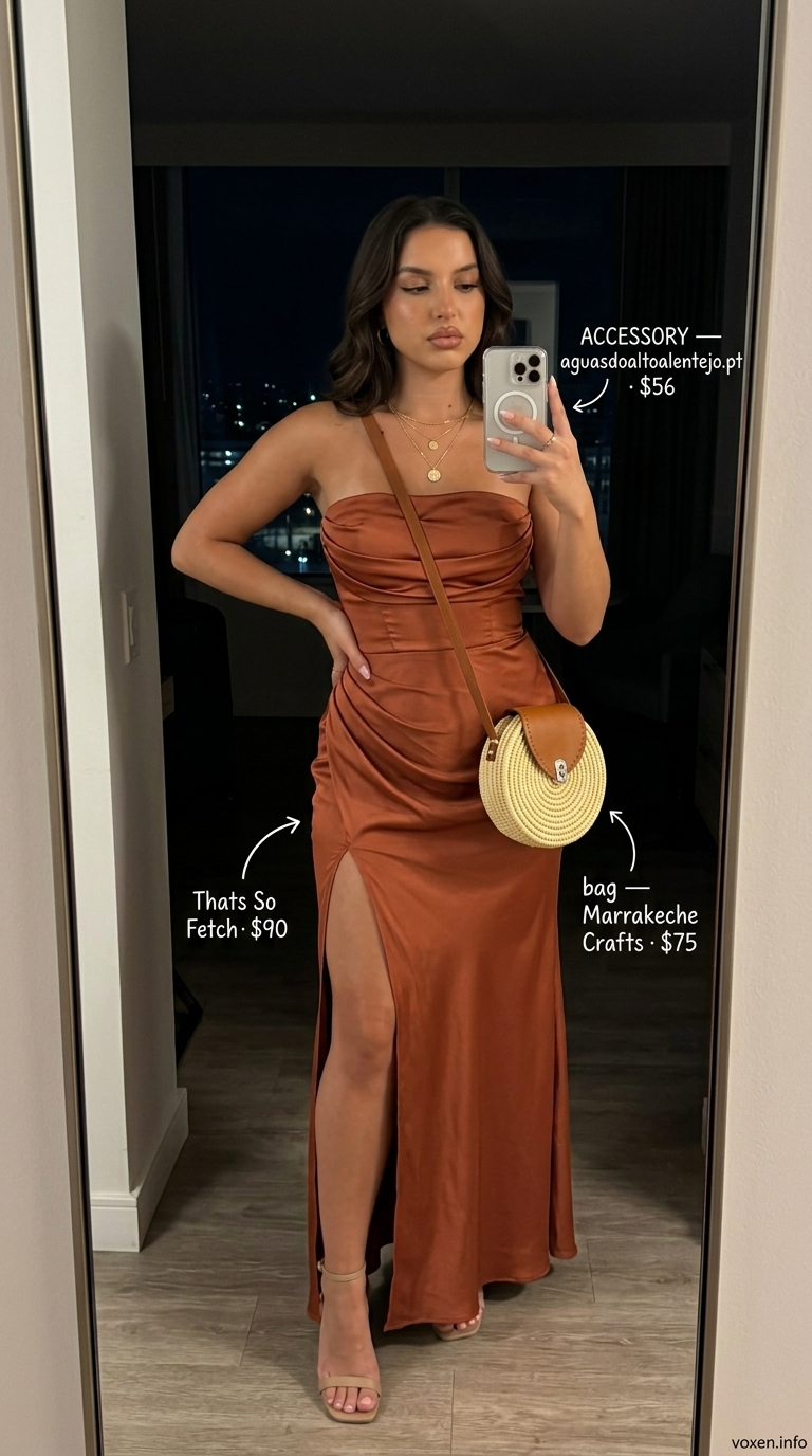 Bohemian terracotta maxi dress for summer night going out 2026. Features straw accessories and gold jewelry.