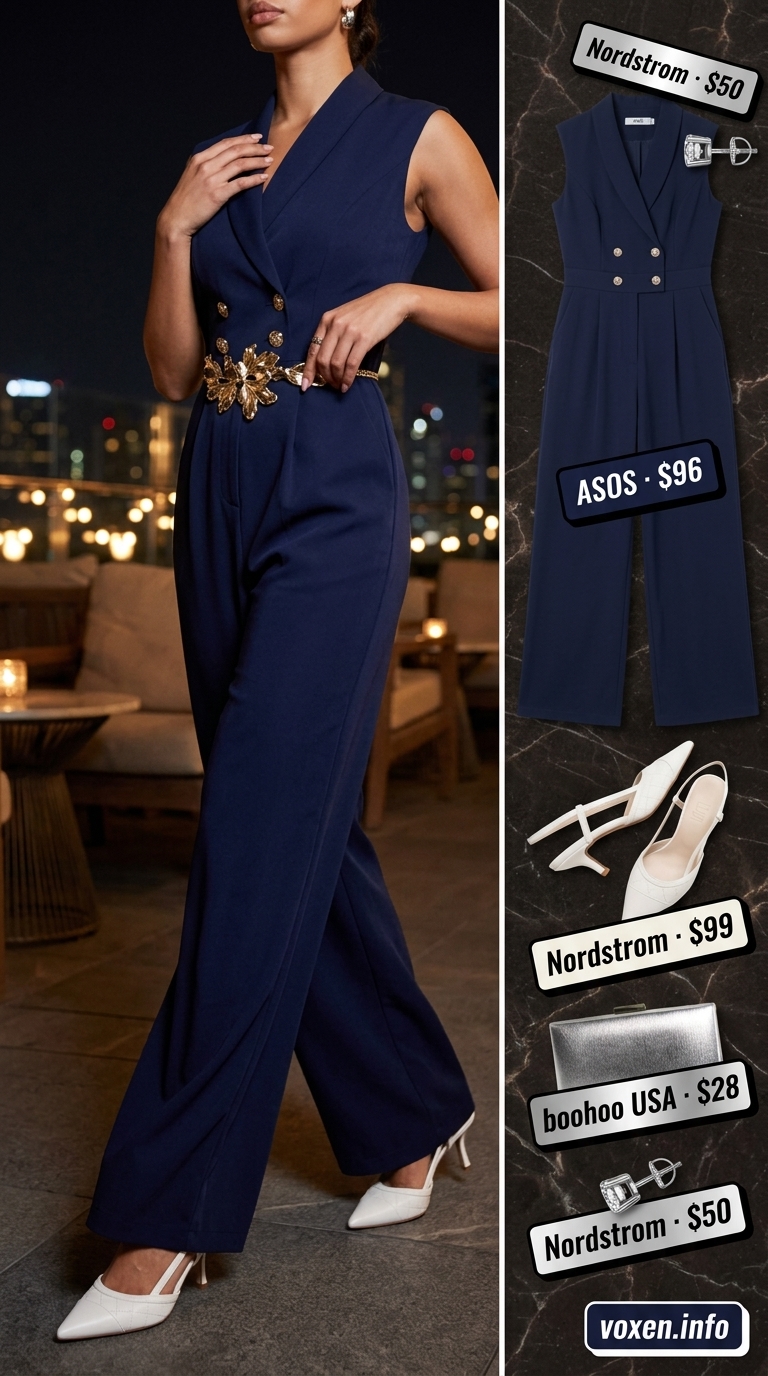 Navy blue wide-leg jumpsuit for chic summer night going out outfits for women 2026. Rooftop event or marina party look.
