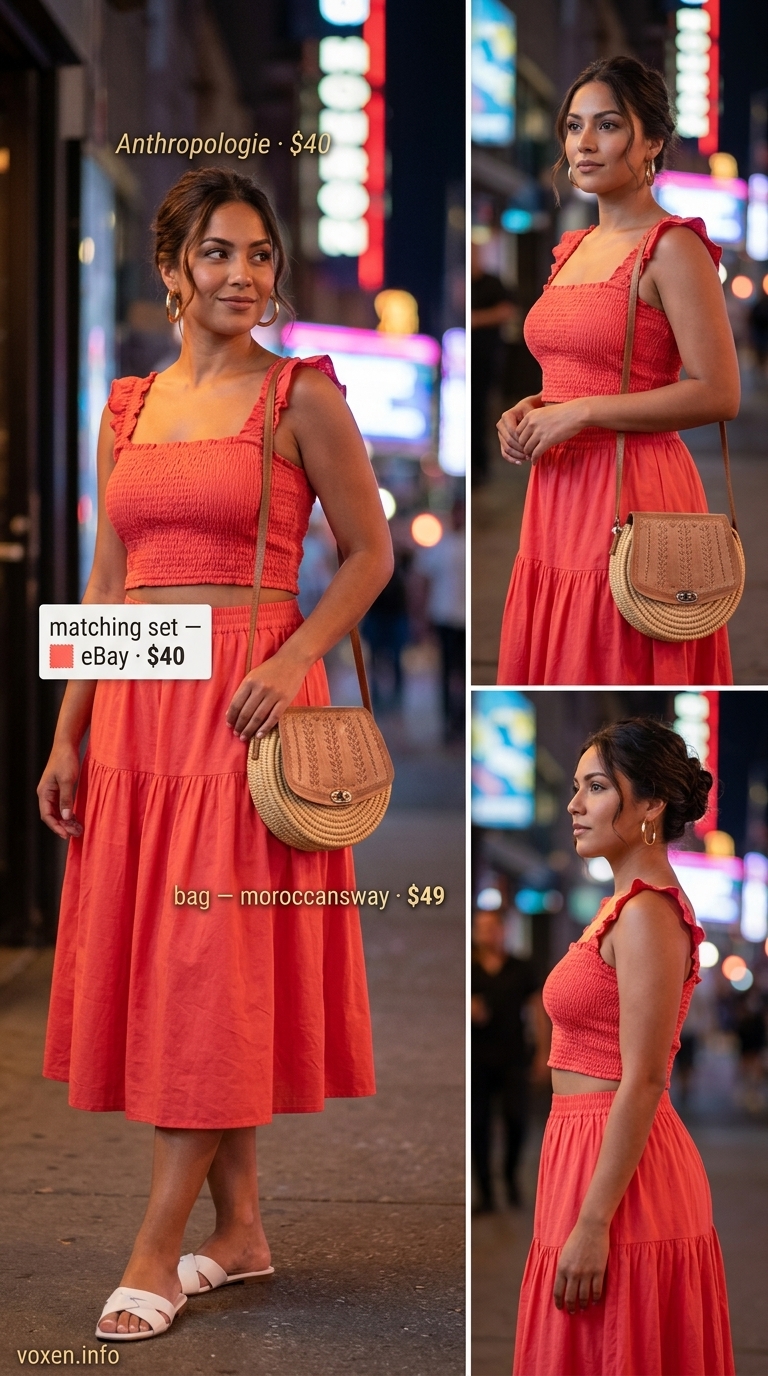 Coral pink matching set for playful summer night going out outfits for women 2026. Tropical vacation dinner look.