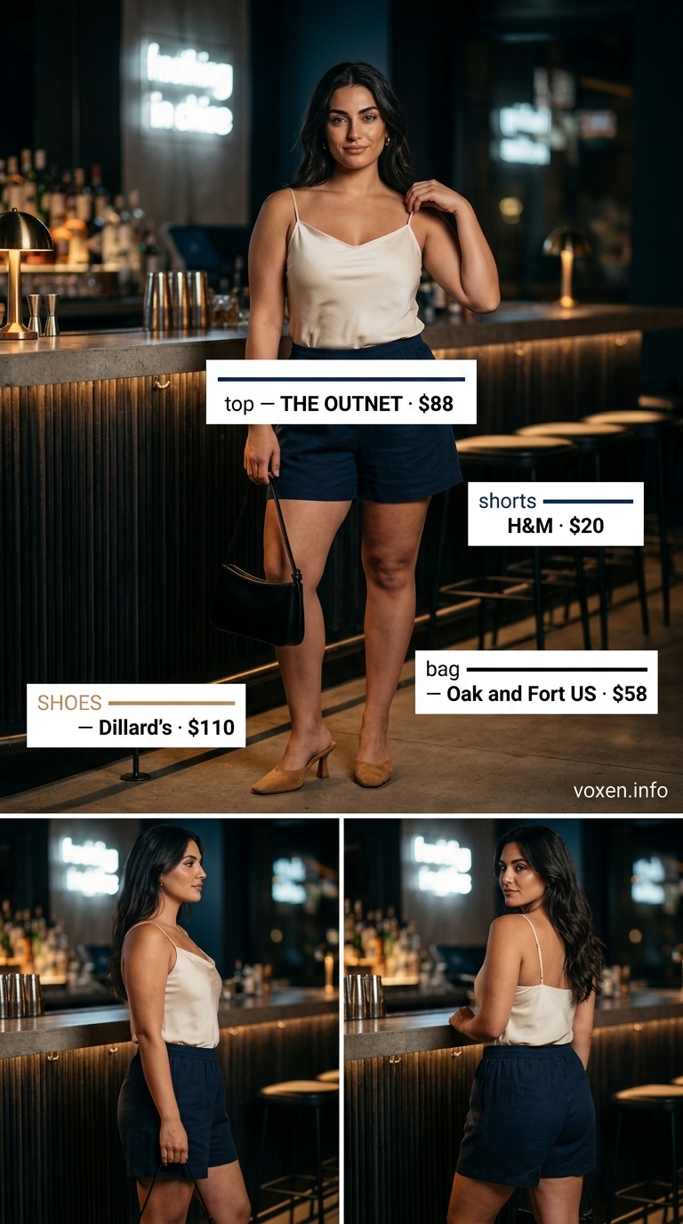 Polished navy linen shorts with cream cami and tan mules for casual mixer summer night going out outfits for women 2026.