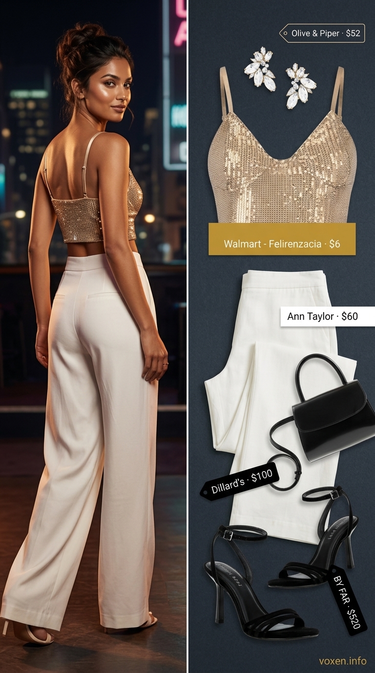 Glamorous gold sequin top with ivory trousers and black heels for party summer night going out outfits for women 2026.
