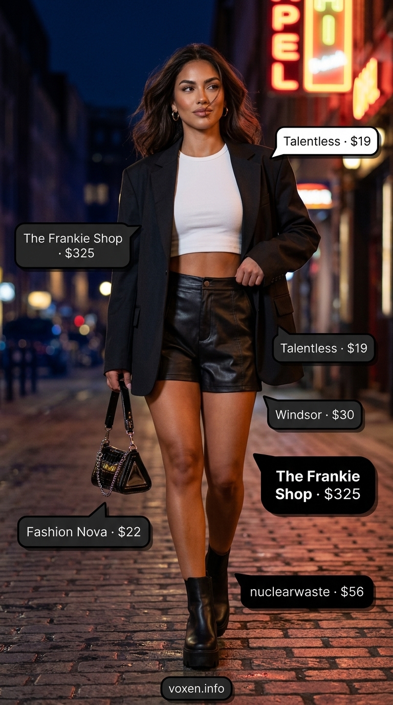 Edgy black blazer outfit for summer night going out 2026. Features faux leather shorts, crop tank, and ankle boots.