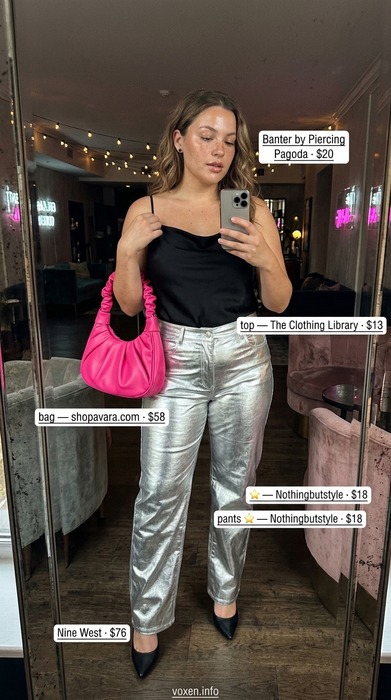 Daring metallic silver pants with black cami and hot pink bag for clubbing summer night going out outfits for women 2026.