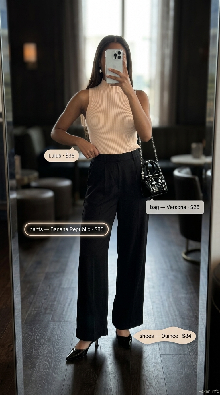 Jet black wide-leg trousers for sleek summer night going out outfits for women 2026. Trendy bar or lounge look.