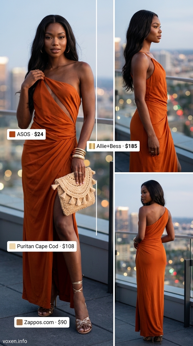 Terracotta maxi dress with cut-outs for bohemian summer night going out outfits for women 2026. Beach club or resort look.