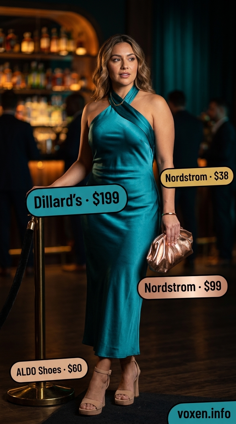 Teal satin halter dress for glamorous summer night going out 2026. Includes gold jewelry and nude sandals.