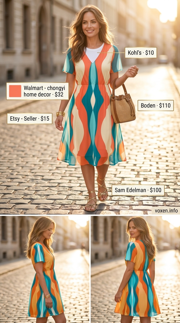 Casual summer t-shirt outfit for women 2026: Abstract print midi dress, straw bag, gold bangles.