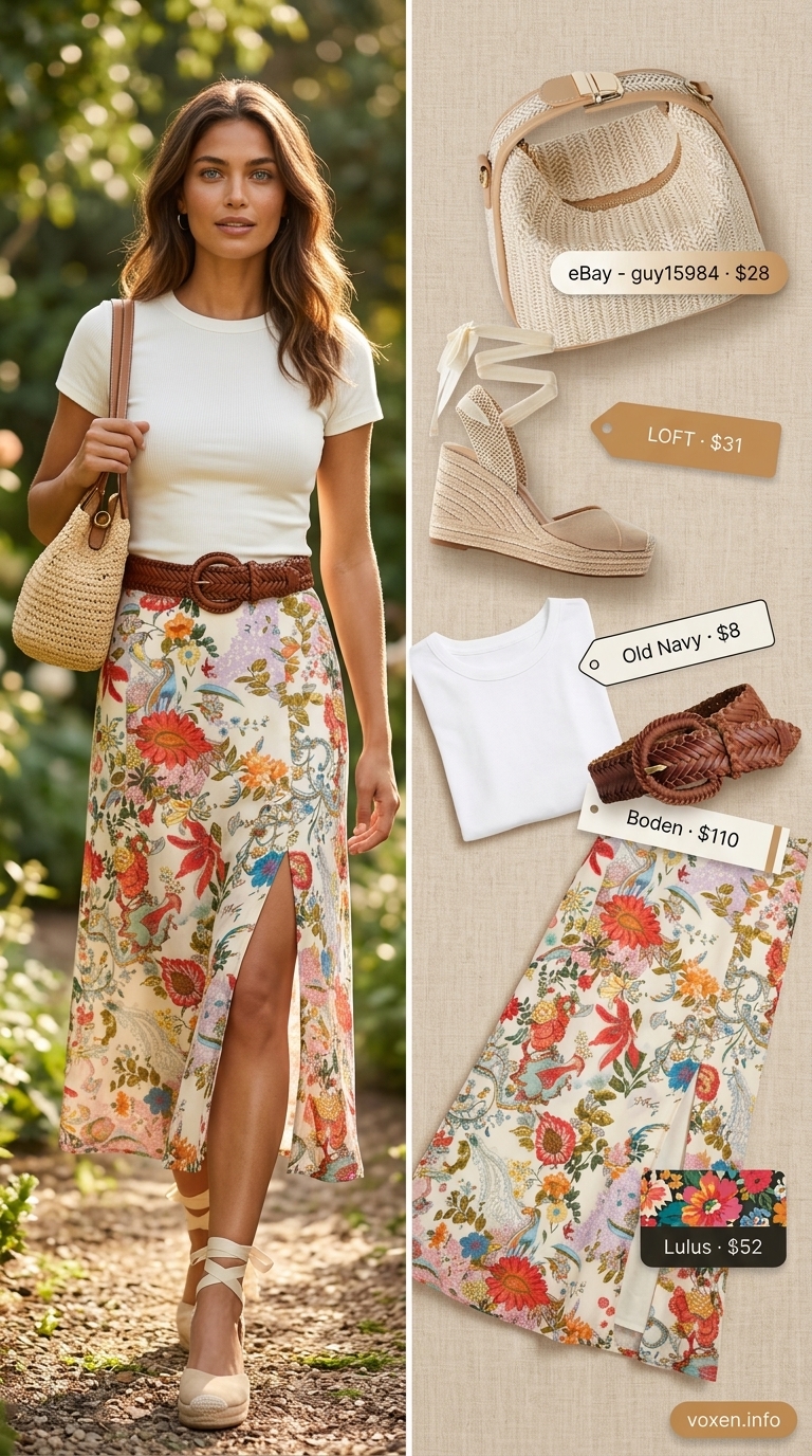Casual summer t-shirt outfit for women 2026: Floral midi skirt, white tee, straw bag.