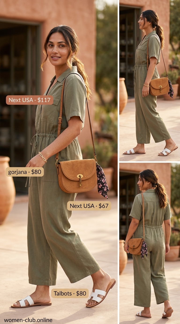 Versatile every day summer outfits for women 2026: Khaki utility jumpsuit, cream slides & brown saddle bag for garden parties.