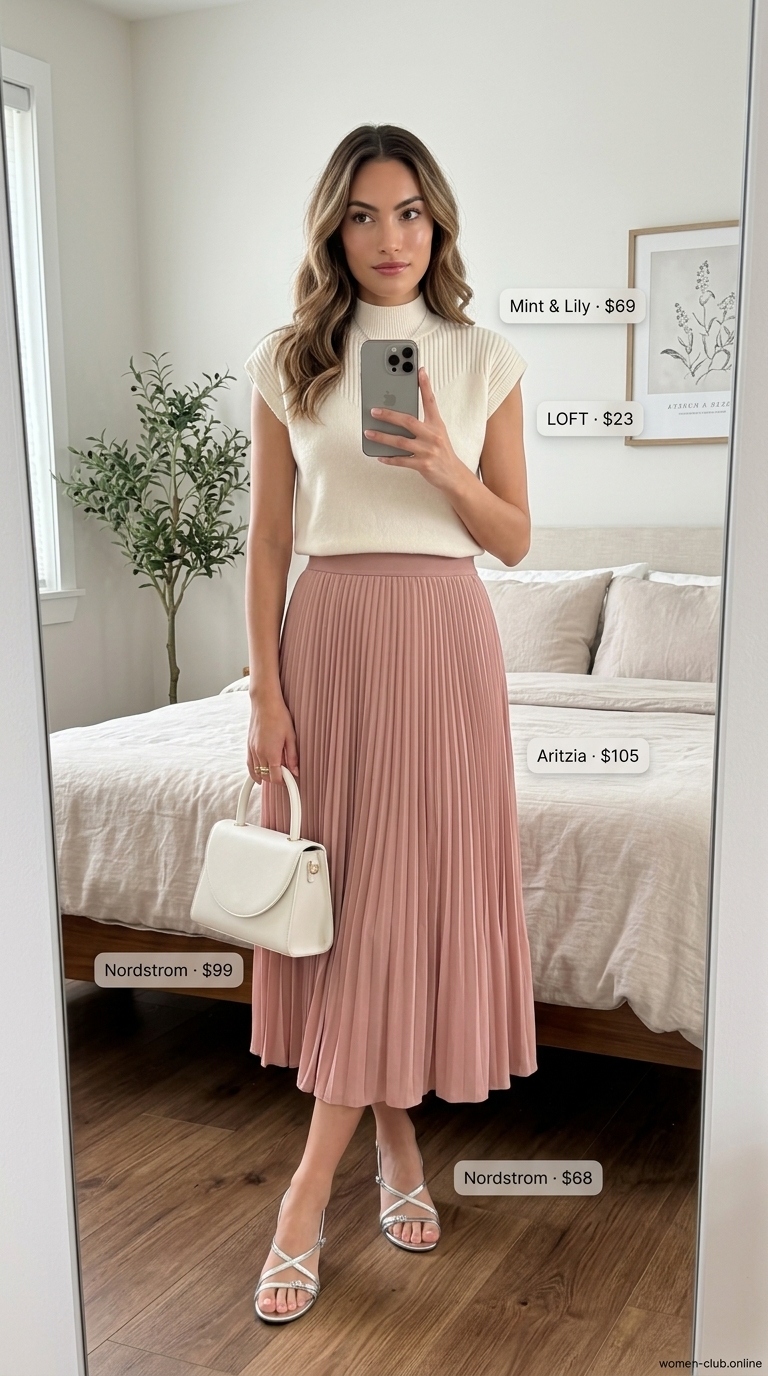 Versatile every day summer outfits for women 2026: Blush pink satin skirt, cream top, silver heels for garden party.